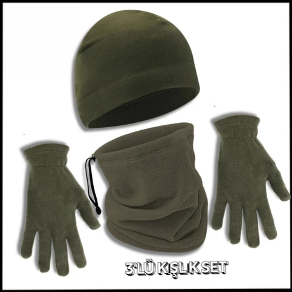 Uyguna-Yakala Haki 3'lü Kışlık Set Polar Boyunluk Bere, Eldiven, -KA.028 ürün görseli 1