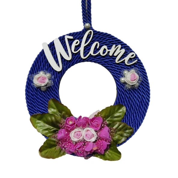 Pembe Güllü Welcome Yazılı Lacivert Kapı Süsü ürün görseli 1