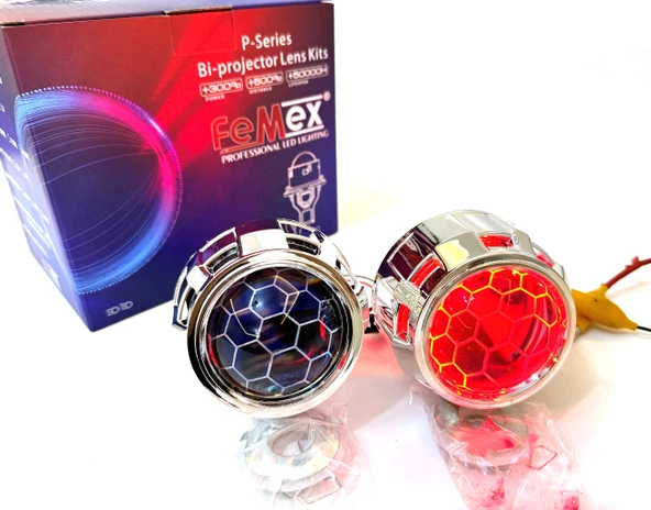 Femex Bi-Xenon Kırmızı Renk Bal Petek Desenli Far İçi Mercek 2,5 Inc Far Merceği Led Xenon Uyumlu ürün görseli 1