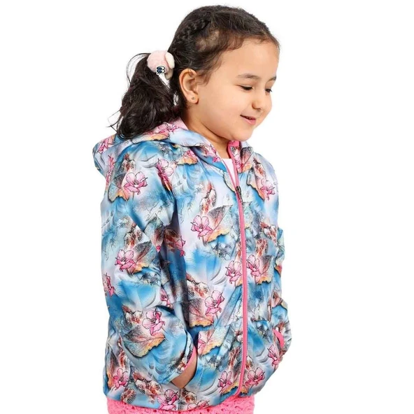 Kız Çocuk Mavi Pembe Çiçek Desenli İçi Polar Yağmurluk ürün görseli 1