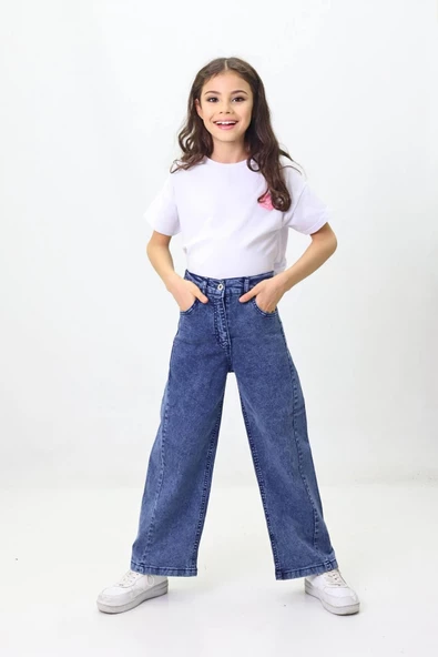 Kız Çocuk Mavi Siyah Geniş Paça Kot Pantolon ürün görseli 1