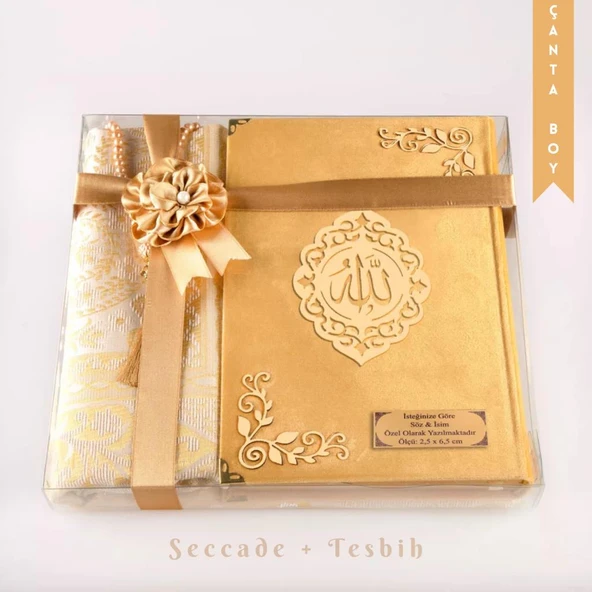 Seccade + Tesbih + Kuran Hediye Seti (Çanta Boy, Kadife, Gold, Lafzatullah) ürün görseli 1