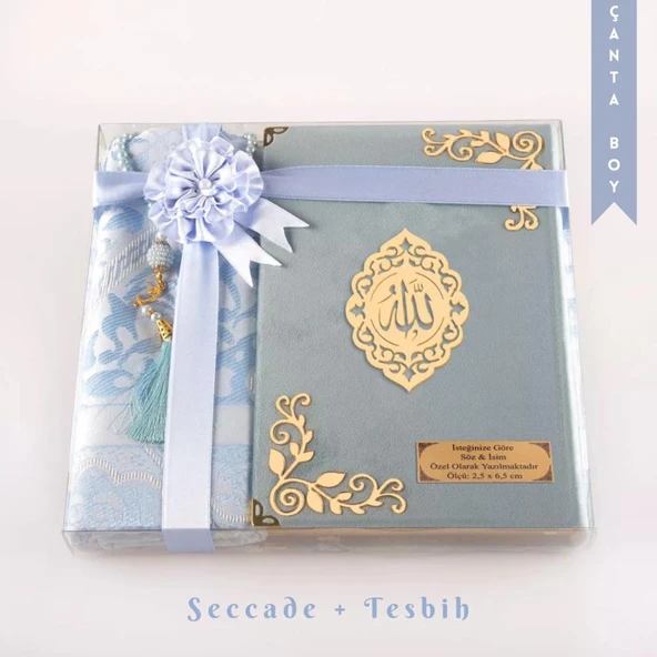 Seccade + Tesbih + Kuran Hediye Seti (Çanta Boy, Kadife, Açık Mavi, Lafzatullah) ürün görseli 1