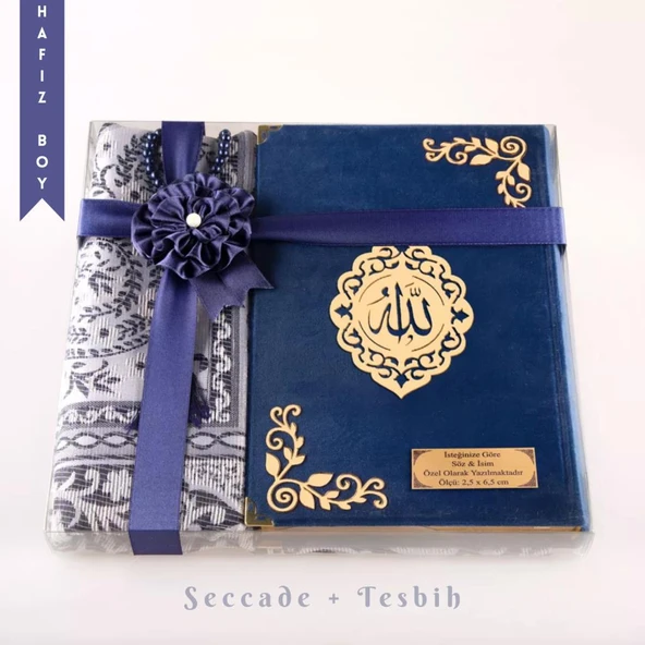 Seccade + Tesbih + Kuran Hediye Seti (Hafız Boy, Kadife, Lacivert, Lafzatullah) ürün görseli 1