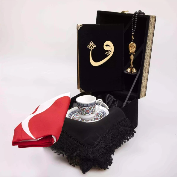 Bayrak + Fincan +  Şal + Tesbih + Kuran Hediye Seti (Hafız Boy, Kabe Motifli) ürün görseli 1