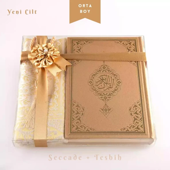 Seccade + Tesbih + Kuran Hediye Seti (Orta Boy, Gold, Ekonomik Cilt) ürün görseli 1