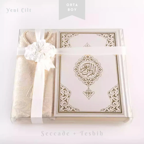 Seccade + Tesbih + Kuran Hediye Seti (Orta Boy, Beyaz, Ekonomik Cilt) ürün görseli 1