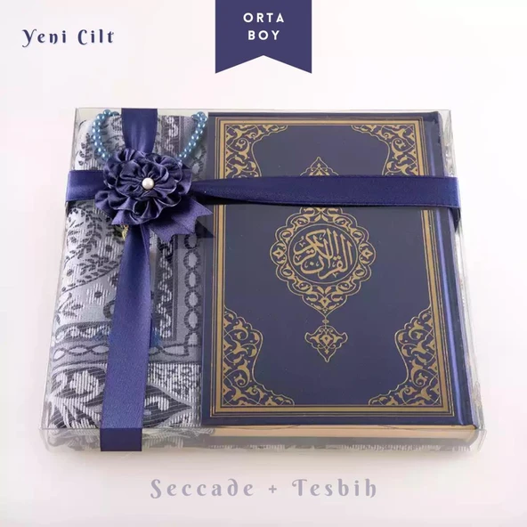 Seccade + Tesbih + Kuran Hediye Seti (Orta Boy, Lacivert, Ekonomik Cilt) ürün görseli 1