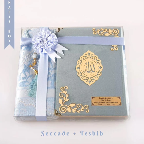 Seccade + Tesbih + Kuran Hediye Seti (Hafız Boy, Kadife, Açık Mavi, Lafzatullah) ürün görseli 1