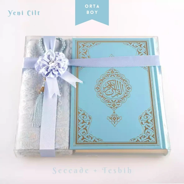 Seccade + Tesbih + Kuran Hediye Seti (Orta Boy, Açık Mavi, Ekonomik Cilt) ürün görseli 1