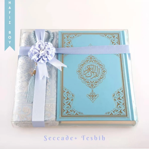 Seccade + Tesbih + Kuran Hediye Seti (Hafız Boy, Yeni Cilt, Açık Mavi) ürün görseli 1