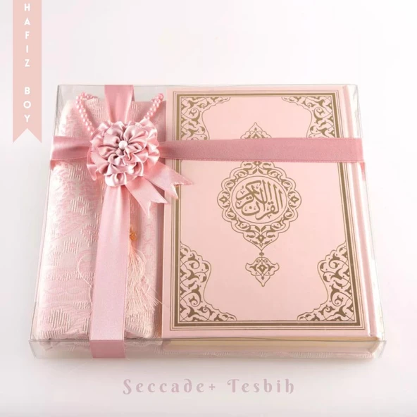 Seccade + Tesbih + Kuran Hediye Seti (Hafız Boy, Yeni Cilt, Pembe) ürün görseli 1