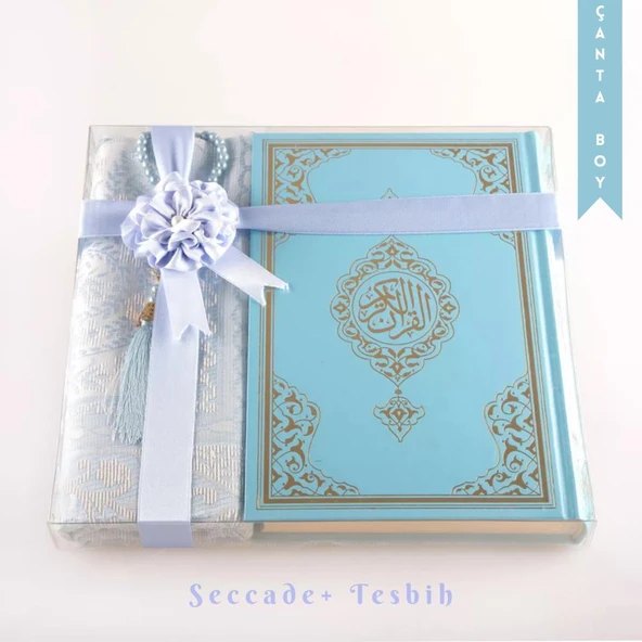 Seccade + Tesbih + Kuran Hediye Seti (Çanta Boy, Yeni Cilt, Açık Mavi) ürün görseli 1