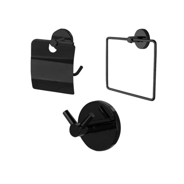 Banyo Aksesuar 3 lü Set Havluluk - Wc Kağıtlık - 2 li Askı Mat Siyah ürün görseli 1