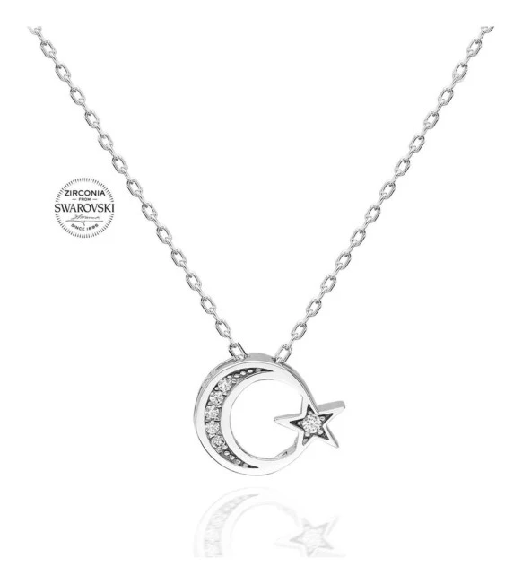 925 Ayar Gümüş Swarovski Taşlı Ayyıldız Kolye Sertifikalı ürün görseli 1