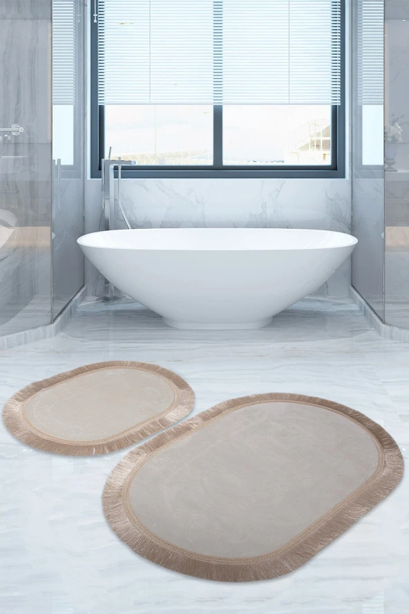 Bonny Home Pera Krem 2'li Banyo Paspası Seti Kaymaz Tabanlı Saçaklı Püsküllü Klozet Takımı ürün görseli 1