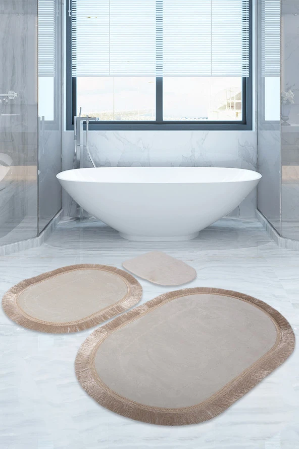 Bonny Home Pera Krem 3'lü Banyo Paspası Seti Kaymaz Tabanlı Saçaklı Püsküllü Klozet Takımı ürün görseli 1