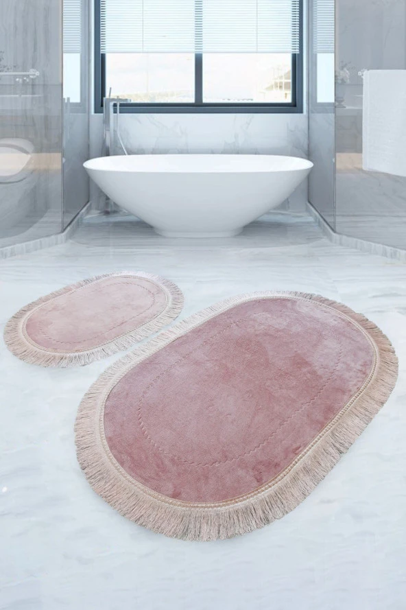 Bonny Home Pera Pudra 2'li Banyo Paspası Seti Kaymaz Tabanlı Saçaklı Püsküllü Klozet Takımı ürün görseli 1