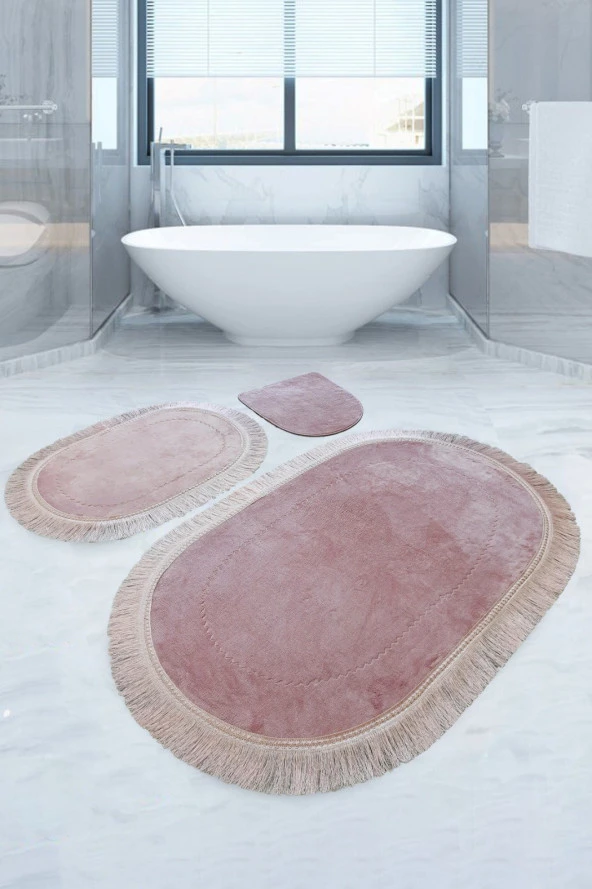 Bonny Home Pera Pudra 3'lü Banyo Paspası Seti Kaymaz Tabanlı Saçaklı Püsküllü Klozet Takımı ürün görseli 1