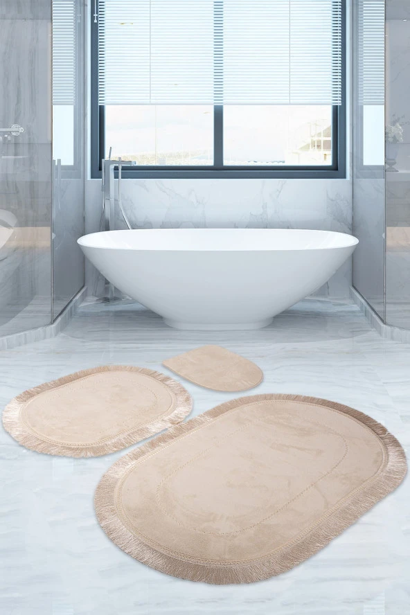 Bonny Home Pera Vizon 3'lü Banyo Paspası Seti Kaymaz Tabanlı Saçaklı Püsküllü Klozet Takımı ürün görseli 1