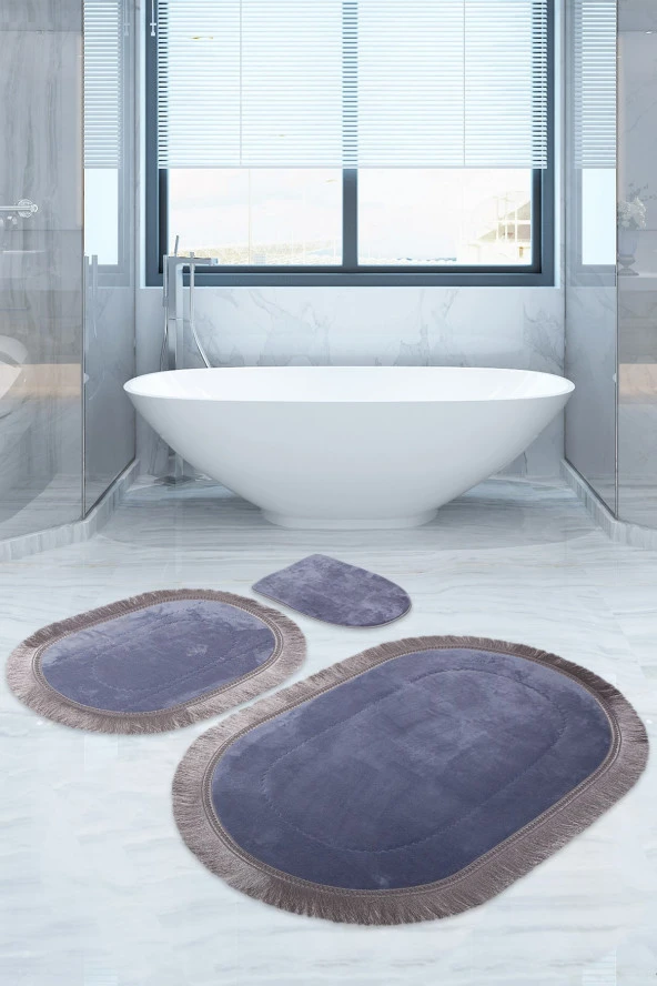 Bonny Home Pera Gri 3'lü Banyo Paspası Seti Kaymaz Tabanlı Saçaklı Püsküllü Klozet Takımı ürün görseli 1
