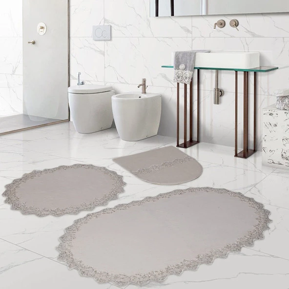 Bonny Home Venüs Krem 3'lü Dantelli Banyo Paspası Seti Çeyizlik Klozet Takımı ürün görseli 1