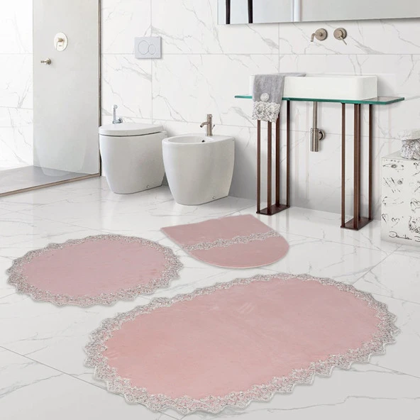 Bonny Home Venüs Pudra 3'lü Dantelli Banyo Paspası Seti Çeyizlik Klozet Takımı ürün görseli 1
