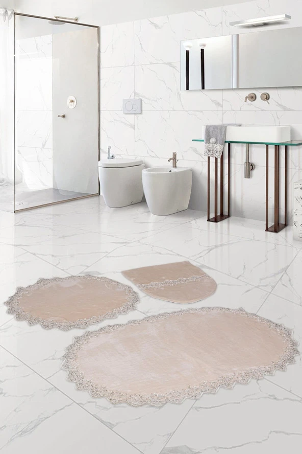 Bonny Home Venüs Vizon 3'lü Dantelli Banyo Paspası Seti Çeyizlik Klozet Takımı ürün görseli 1