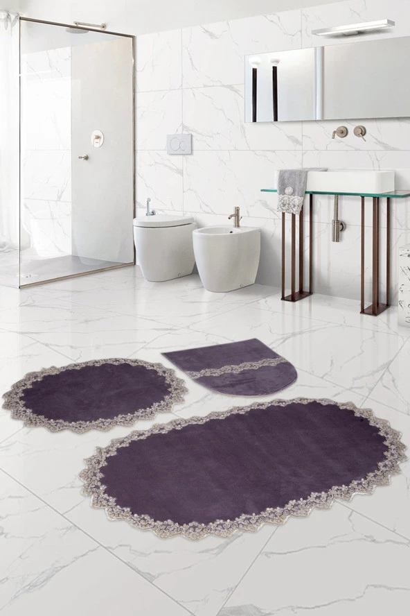Bonny Home Venüs Gri 3'lü Dantelli Banyo Paspası Seti Çeyizlik Klozet Takımı ürün görseli 1