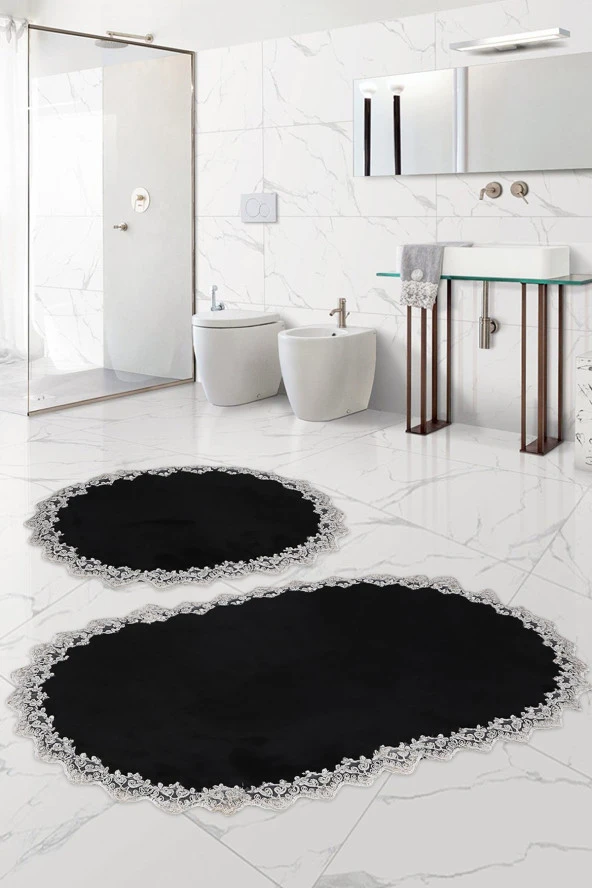 Bonny Home Venüs Siyah 2'li Dantelli Banyo Paspası Seti Çeyizlik Klozet Takımı ürün görseli 1