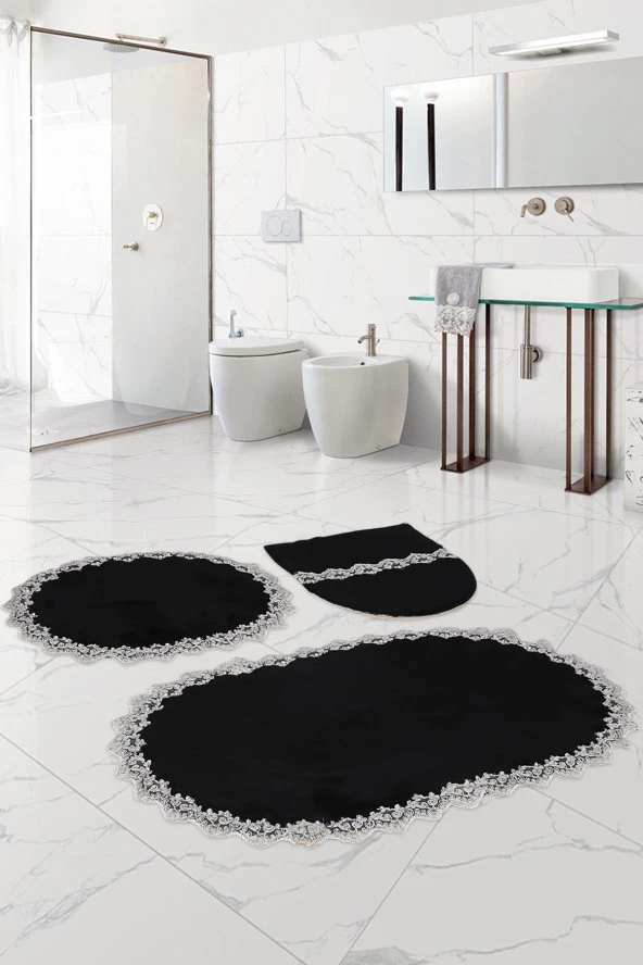 Bonny Home Venüs Siyah 3'lü Dantelli Banyo Paspası Seti Çeyizlik Klozet Takımı ürün görseli 1