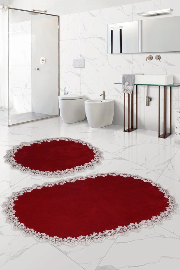 Bonny Home Venüs Bordo 2'li Dantelli Banyo Paspası Seti Çeyizlik Klozet Takımı ürün görseli 1