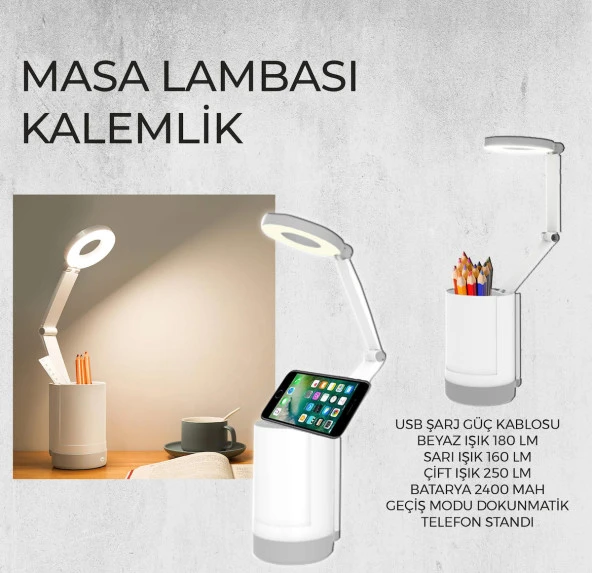 Raca Tech Masa Lambası Kalemlik Okuma Işığı Telefon Standı 3 Kademeli Dokunmatik ışık ürün görseli 1