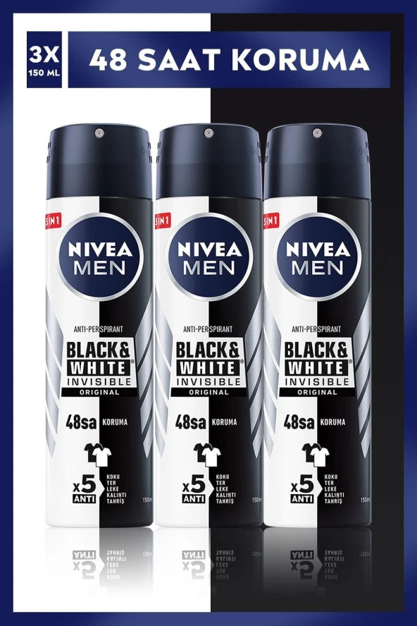 Nivea MEN Erkek Sprey Deodorant Black&White Invisible Original 150mlx3adet,48 Saat Anti-perspirant Koruma ürün görseli 1