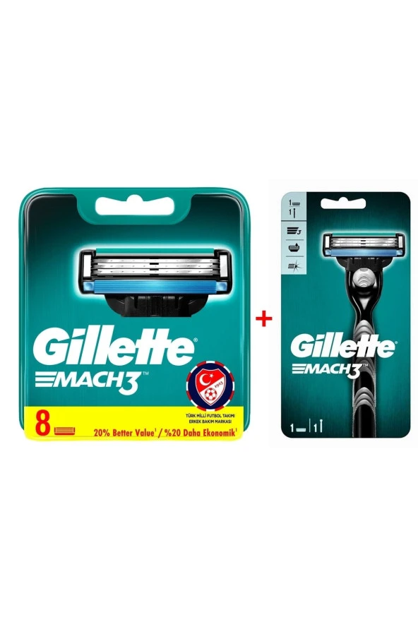 Gillette Mach3 Yedek Tıraş Bıçağı 8'li + Mach3 Tıraş Makinesi 1 Yedekli ürün görseli 1