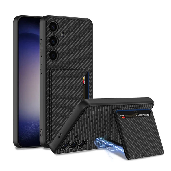 Galaxy S24 Plus Suni Deri Arka Yüzey Sürgülü Kamera Korumalı Kartlıklı Kıpta Silikon Kapak ürün görseli 1