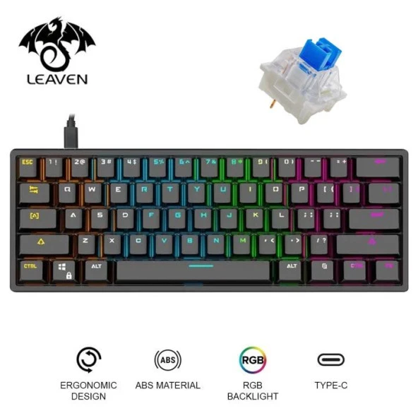 Valkyrie Leaven K620 Blue Switch Mekanik Gaming Oyun Klavyesi RGB 61 Key Mavi Tuş Type-C Klavye Siyah ürün görseli 1
