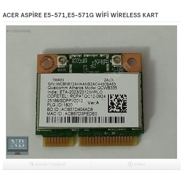 ACER ASPİRE E5-571,E5-571G WİFİ WİRELESS KART ürün görseli 1