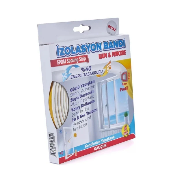 Kapı Pencere İzolasyon Rüzgar Fitili - Bandı Beyaz 9 mm X 6 Metre ürün görseli 1