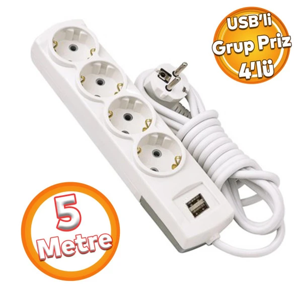 Kablolu USB'li 4'lü Topraklı Grup Priz Fiş Çoğaltıcı 5 Metre Çoklu Asmalı Uzatma Kablosu Düğmesiz ürün görseli 1
