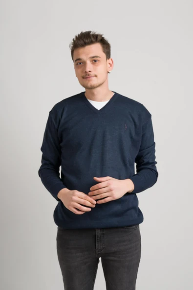 Regular Fit V Yaka Pamuklu Basic Erkek Triko Kazak - Resim 2