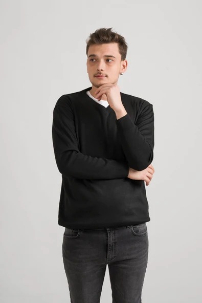 Regular Fit V Yaka Pamuklu Basic Erkek Triko Kazak - Resim 11