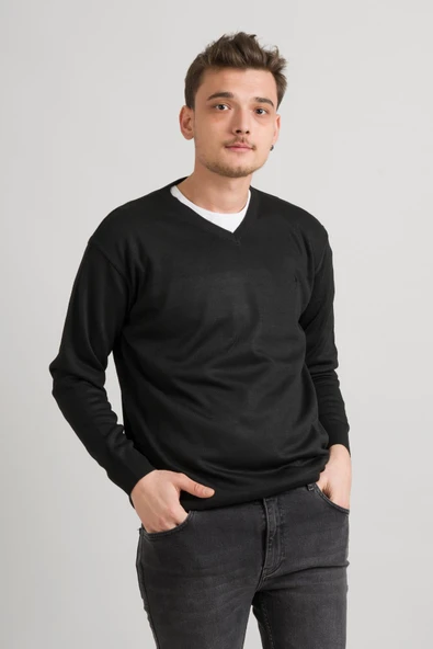 Regular Fit V Yaka Pamuklu Basic Erkek Triko Kazak - Resim 9