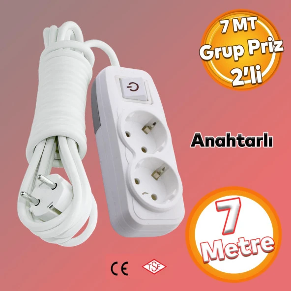 Kablolu 2'li Topraklı Grup Priz Fiş Çoğaltıcı 7 Metre Çoklu Asmalı Uzatma Kablosu Anahtarlı Düğmeli ürün görseli 1
