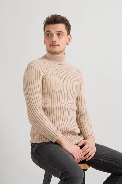 Slimfit Kendinden Çizgili Tam Balıkçı Pamuklu Kalın Triko Erkek Kazak ürün görseli 1