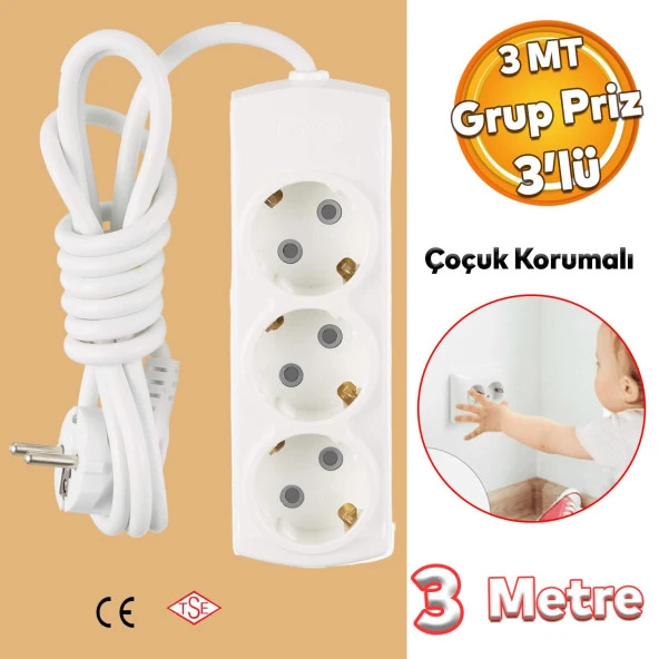 Çoçuk Korumalı Kablolu 3'lü Topraklı Grup Priz Çoğaltıcı 3 Metre Çoklu Uzatma Kablosu Anahtarsız ürün görseli 1