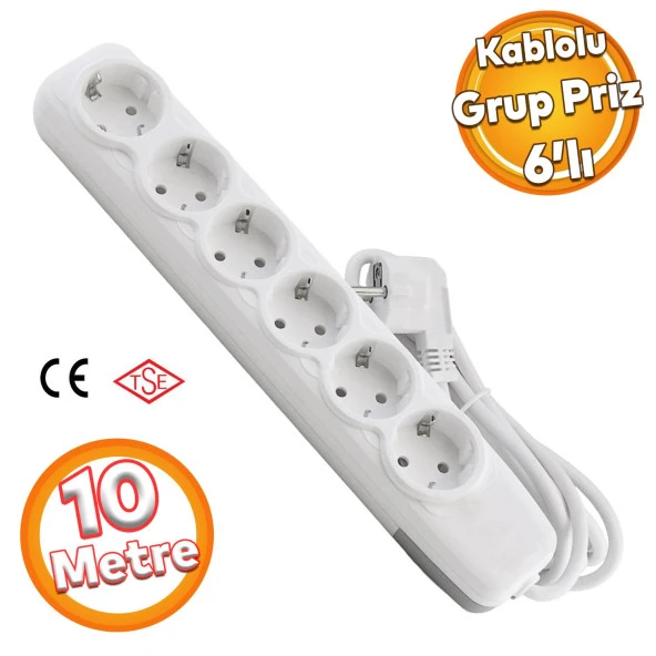 Kablolu 6'lı Topraklı Grup Priz Fiş Çoğaltıcı 10 Metre Çoklu Asmalı Uzatma Kablosu Anahtarsız ürün görseli 1