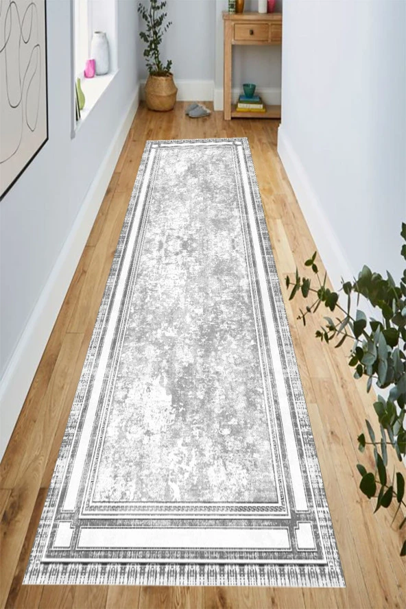 Gri Renk Koridor Halısı, Çerçeveli Yolluk, ,Dekoratif Yolluk, Koridor Halısı, Uzun Halı, Antre Halı ürün görseli 1