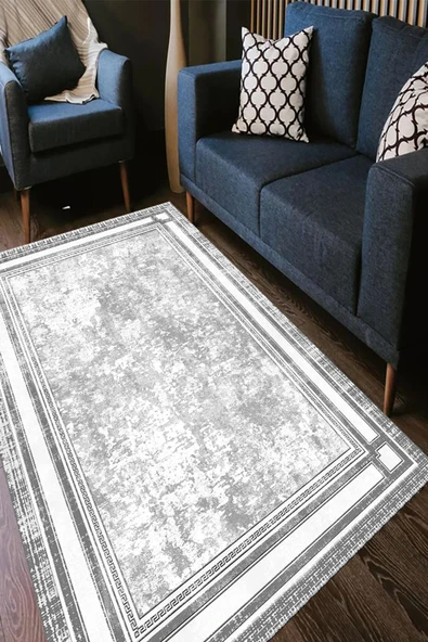 Gri Renk Halı, Çerçeveli Halı, Dekoratif Salon Halısı, Kaymaz Yıkanabilir Halı, Mutfak Halısı Yolluk ürün görseli 1