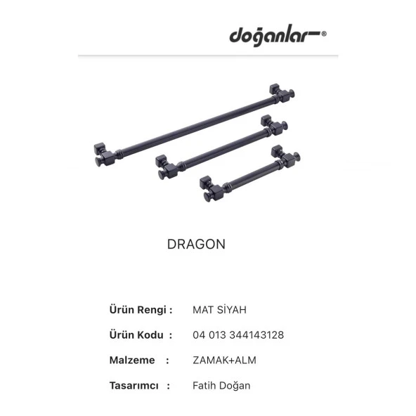 Doğanlar Dragon 320 mm Mobilya Kulp Mat Siyah - Resim 3